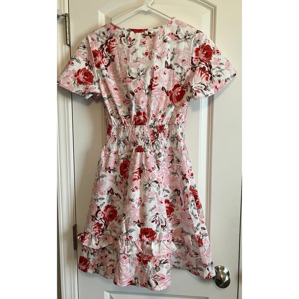 Flowers Sundress Women Medium Pink Like New Floral Open Back Tie Ruffle C327